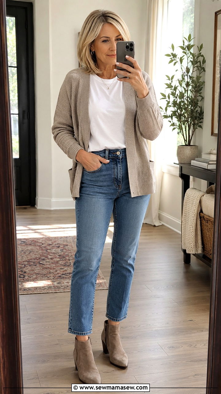 Neutral Cardigan With White Tee And Jeans - 30 Outfit ideas for women over 70