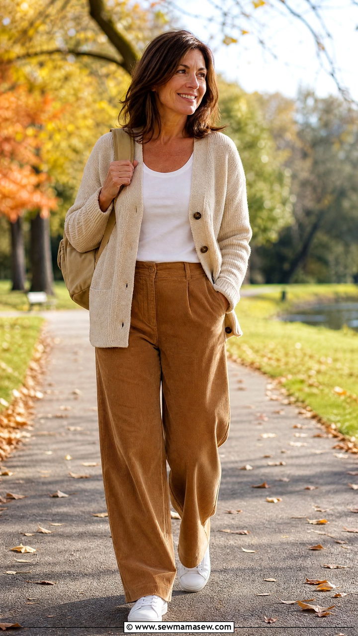 Neutral Cardigan with Corduroy Pants and Sneakers - 25 cardigan outfits for women over 40