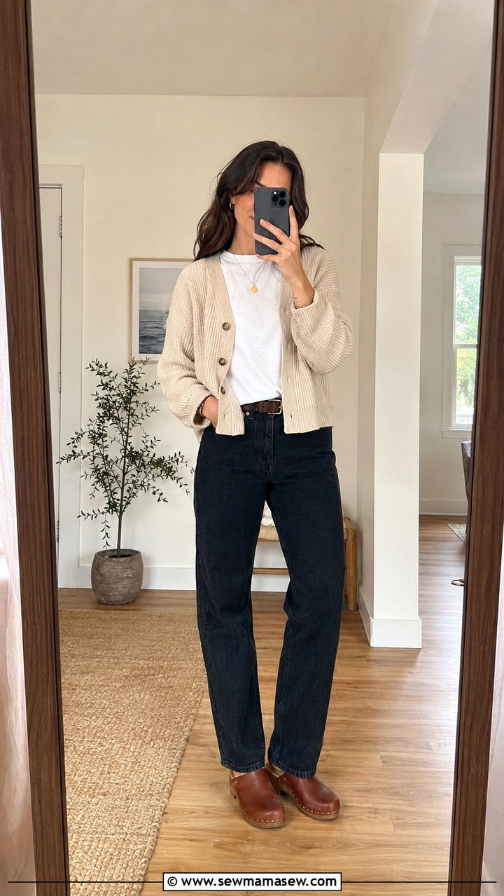 Neutral Cardigan with Dark Jeans and Clogs Outfit - 20 Spring outfits for 55 degree weather