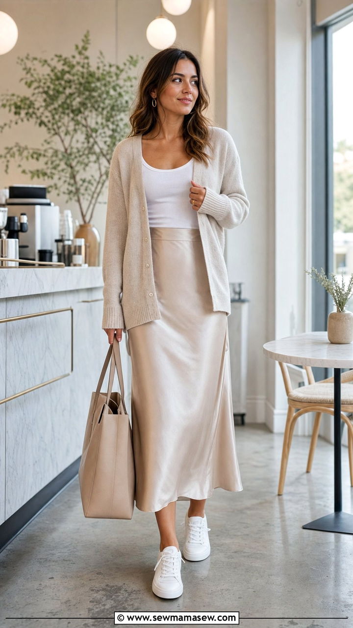 Neutral Cardigan with Slip Skirt and White Sneakers - 25 Clean girl outfit ideas for work