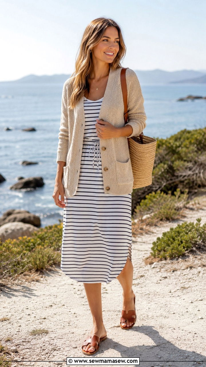 Neutral Cardigan with Striped Midi Dress and Flat Sandals - 30 Midi dress outfit ideas with a cardigan