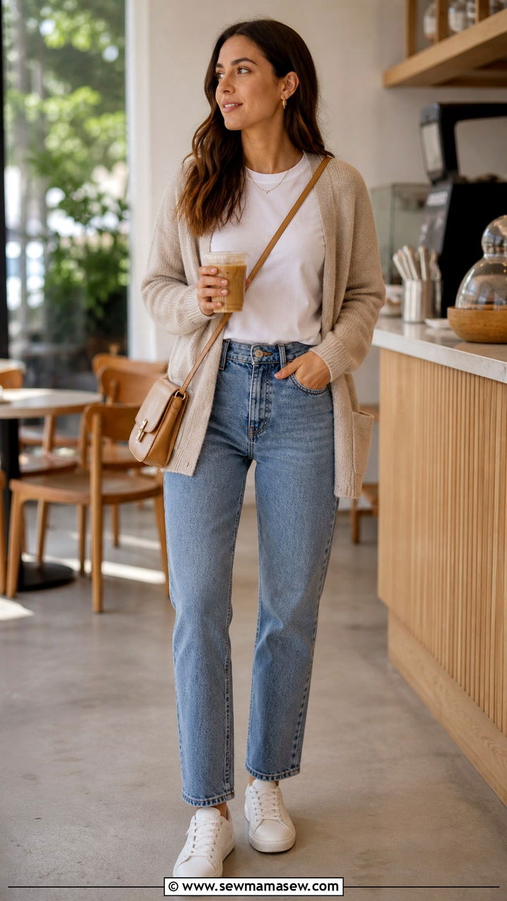 Neutral Cardigan with White Tee and Jeans - 40 Clean girl outfit ideas