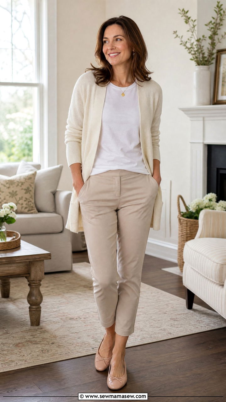 Neutral Cardigan with a White Tee and Cropped Trousers - 25 How to dress in your 40s