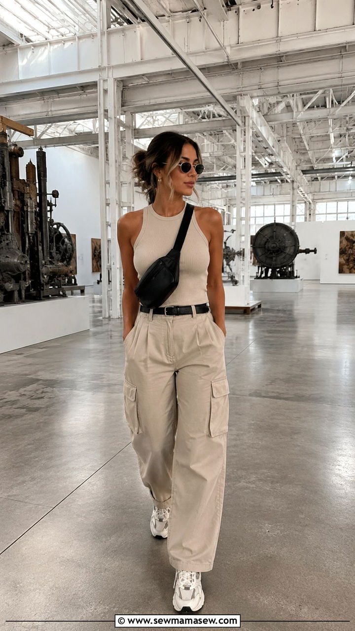Neutral Cargo Pants With Fitted Knit Tank And Dad Sneakers - 30 spring museum day outfit ideas