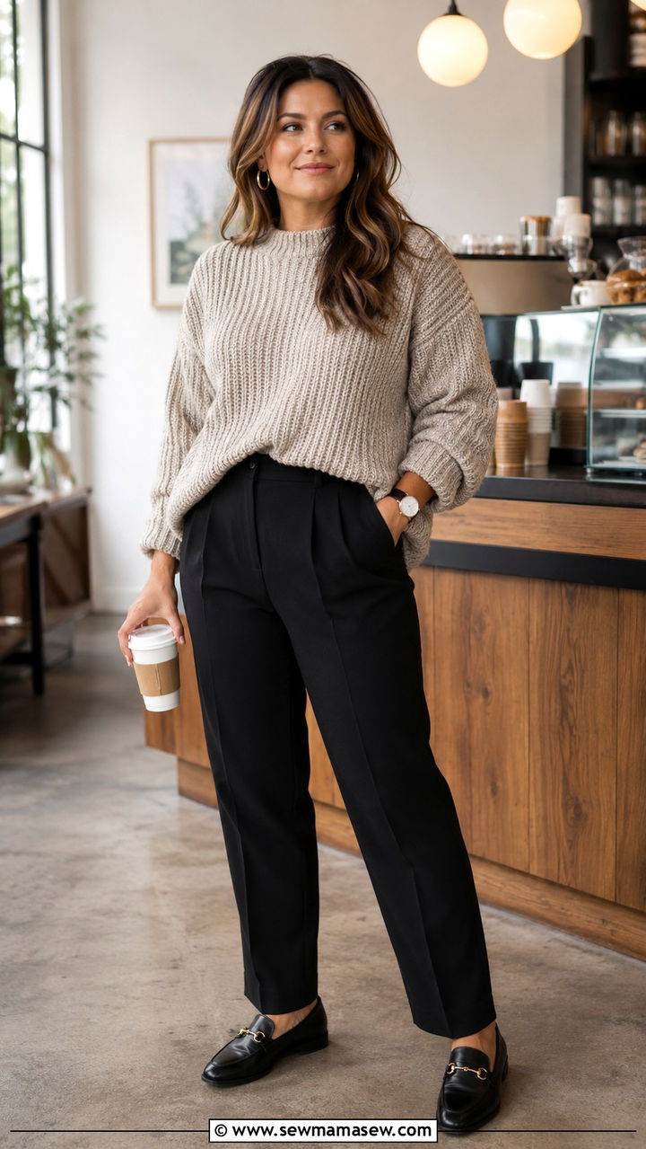 Neutral Chunky Knit Sweater And Black Tailored Trousers - 30 Minimalist outfits for curvy women