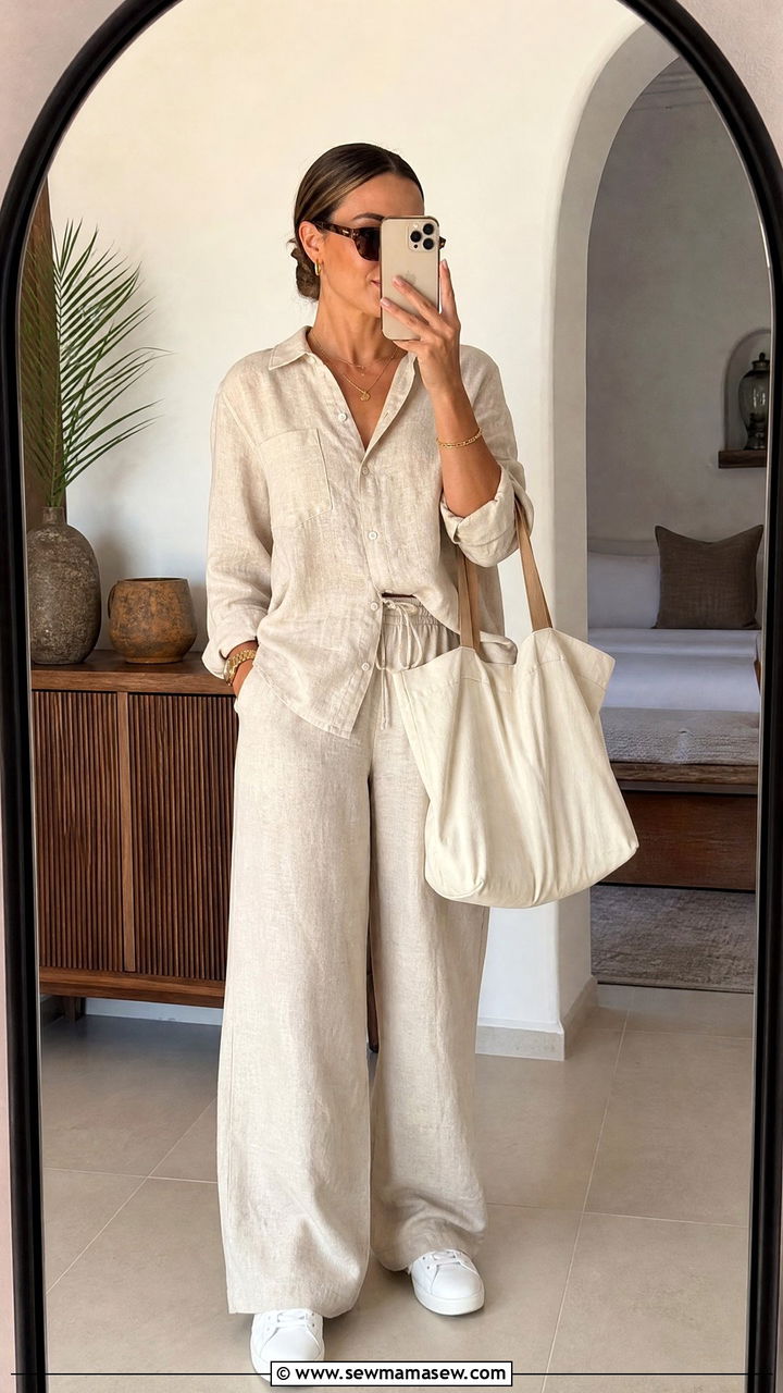 Neutral Co Ord Set With Sneakers - 35 Luxor outfit ideas