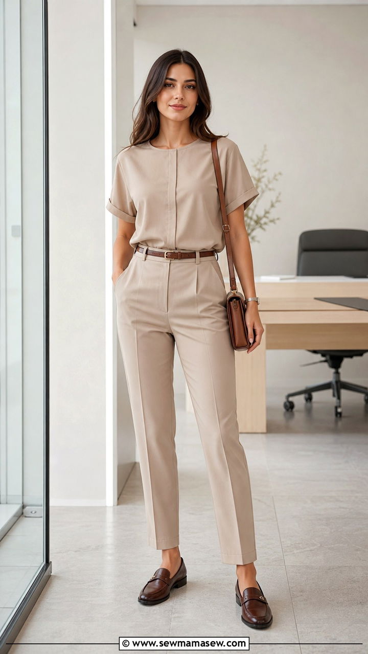 Neutral Co Ord Set with Leather Loafers - 40 office outfits ideas