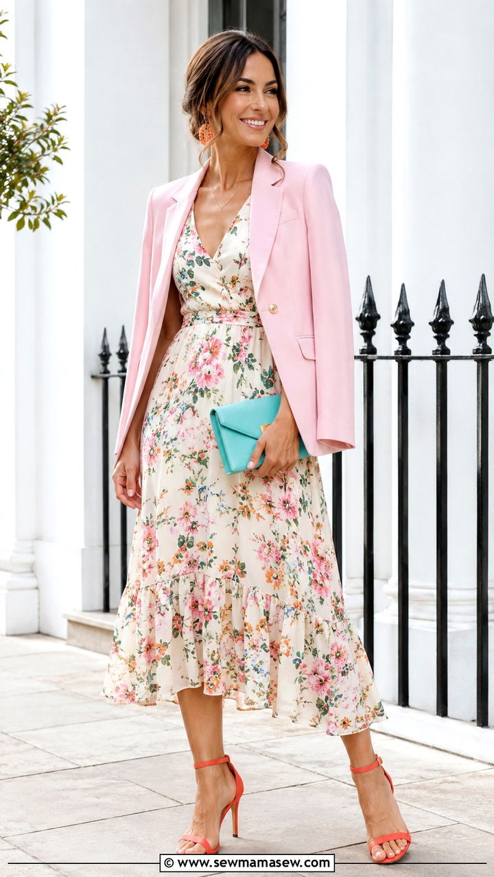 Neutral Floral Print Dress With Colorful Accessories - 25 Wedding guest outfit ideas floral dress 2026