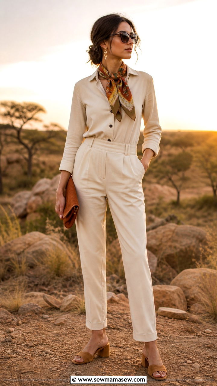 Neutral Jumpsuit With Printed Scarf Safari Outfit - 40 Safari outfit ideas
