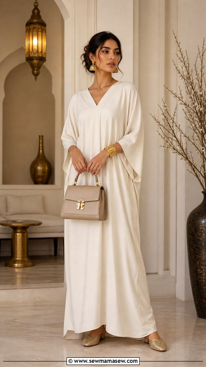 Neutral Kaftan Ramadan Outfit With Gold Jewelry - 40 Ramadan outfit ideas