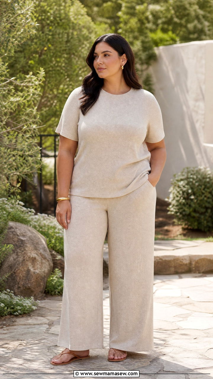 Neutral Knit Co Ord Set With Minimal Sandals - 25 Plus size outfit ideas clean girl
