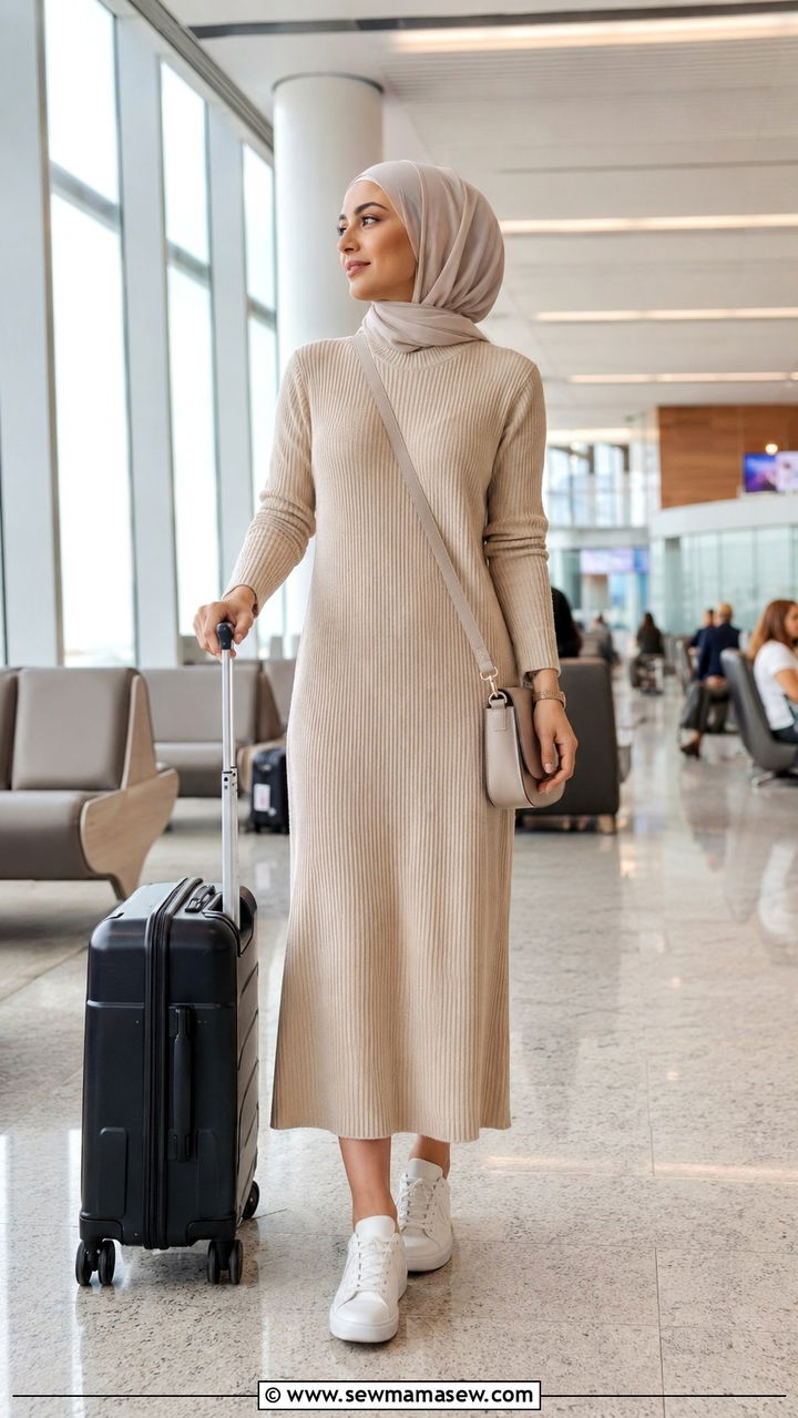Neutral Knit Midi Dress With Sneakers And Crossbody Bag For Travel Day - 30 Modest travel outfit ideas