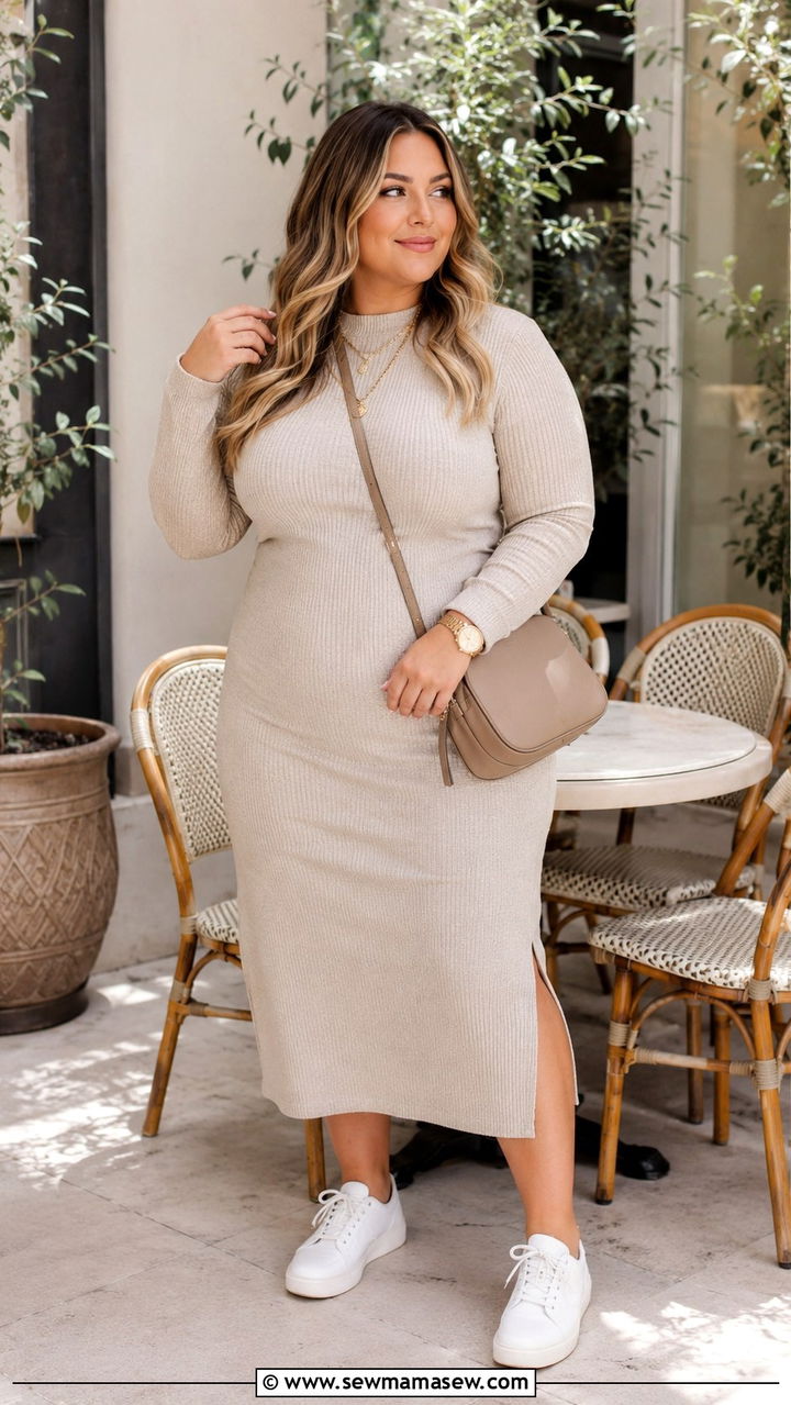 Neutral Knit Midi Dress With White Sneakers and Gold Accessories - 25 Plus size outfit ideas clean girl