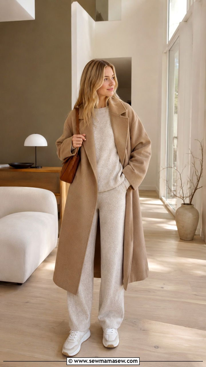 Neutral Knit Set With Long Wool Coat And White Sneakers - 30 Danish outfit ideas