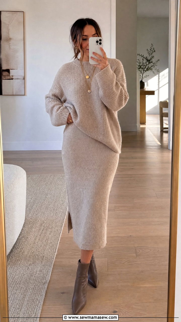 Neutral Knit Set With Matching Skirt - 25 cute fashion inspo outfits