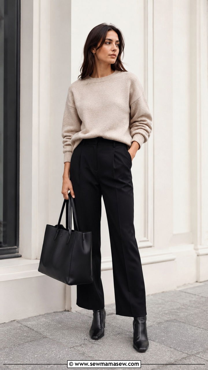 Neutral Knit Sweater With Tailored Black Trousers - 30 casual minimalist outfits
