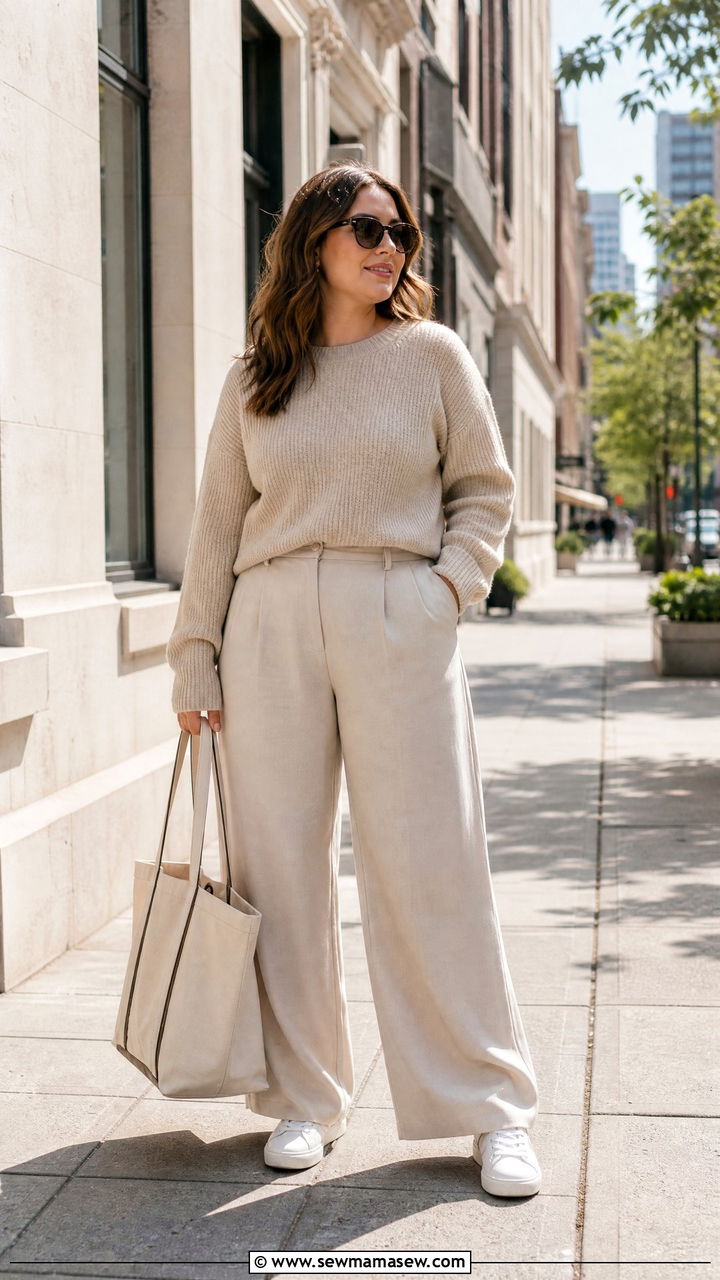 Neutral Knit Sweater With Wide Leg Trousers And Sneakers - 35 Midsize capsule wardrobe