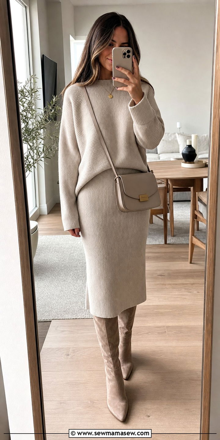Neutral Knit Two Piece Set With Boots - 25 cute outfits inspo