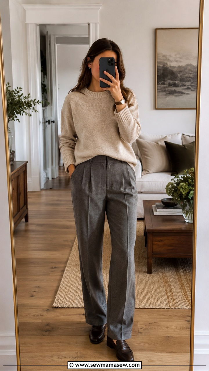 Neutral Knit With Tailored Gray Pants - 30 spring outfits for women over 30