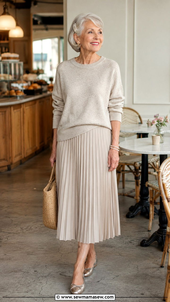 Neutral Knitwear and Pleated Midi Skirt Outfit - 30 Spring outfits for women over 70