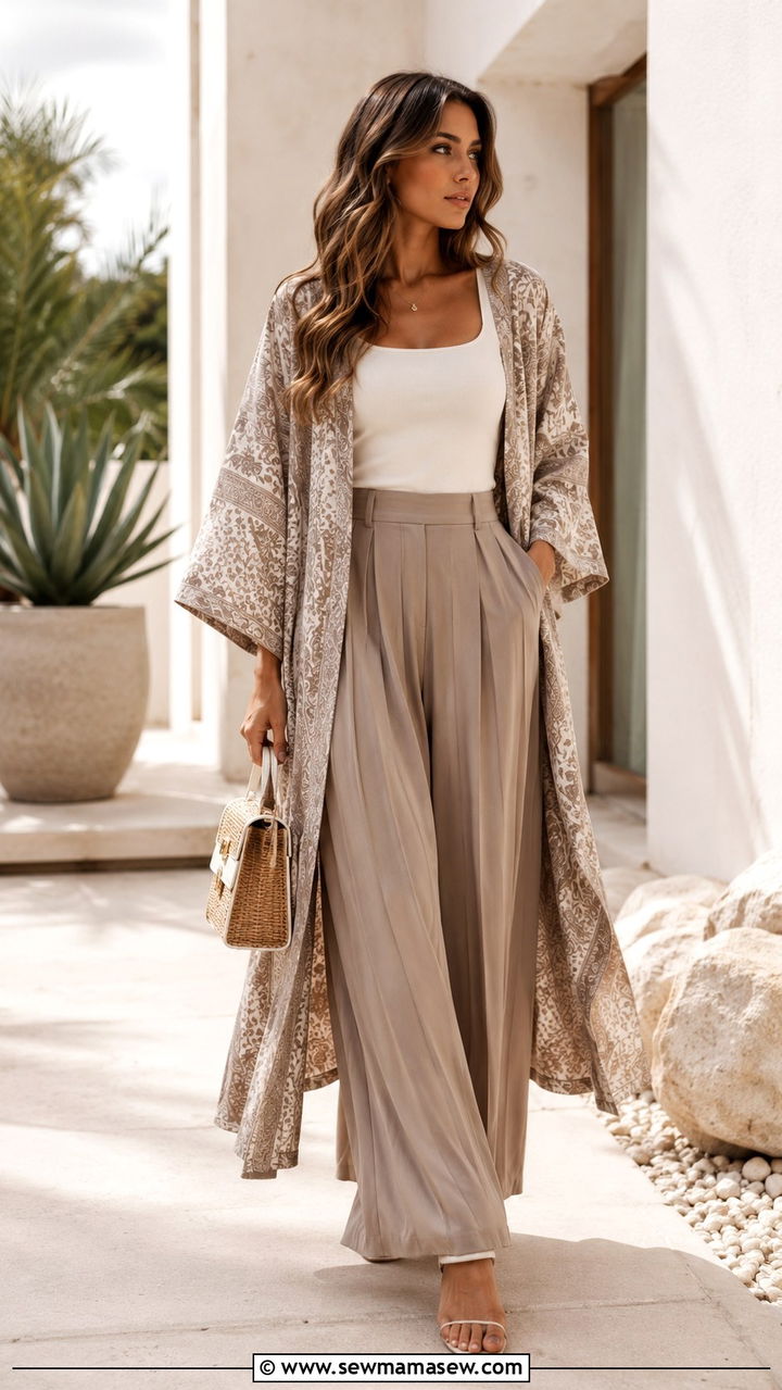 Neutral Layered Kimono Set With Pleated Wide Leg Pants - 25 boho chic outfits aesthetic