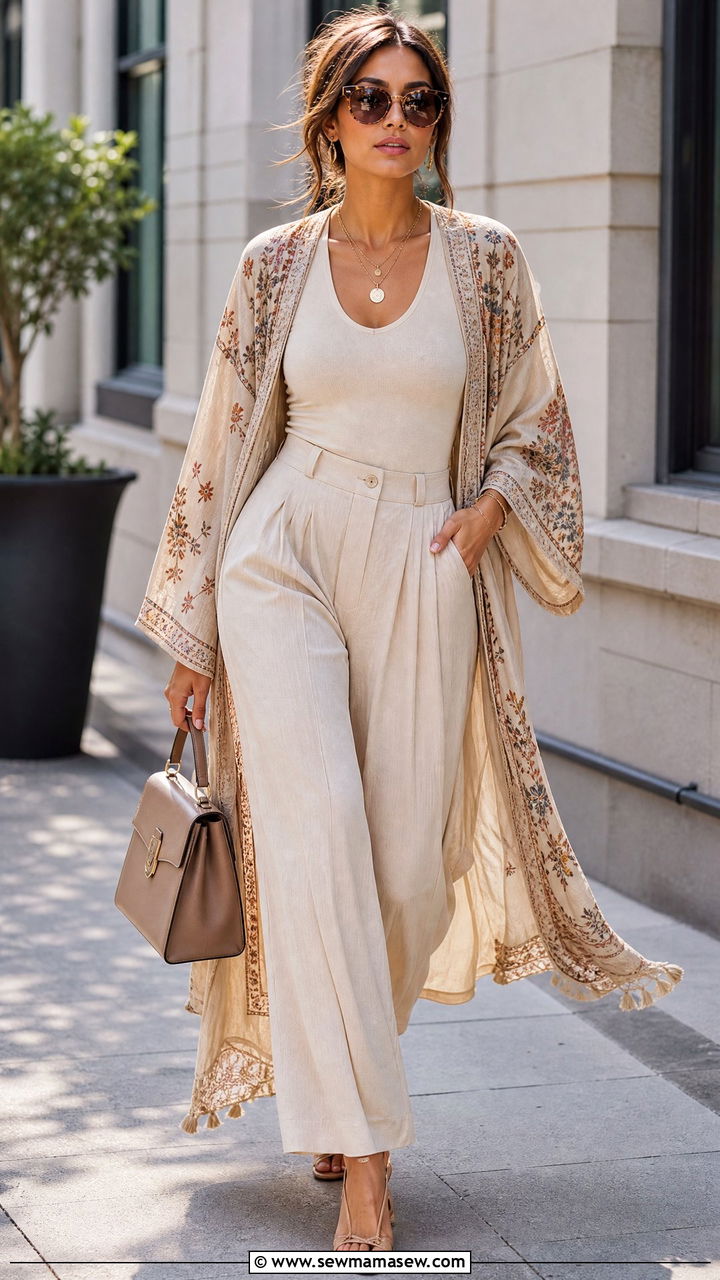 Neutral Layered Kimono Set - 35 Modern boho outfit ideas