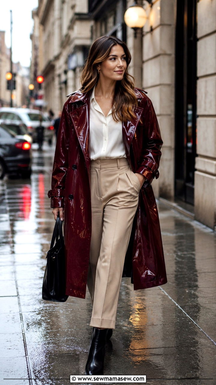 Neutral Layers With Statement Raincoat - 30 Rainy day work outfit ideas