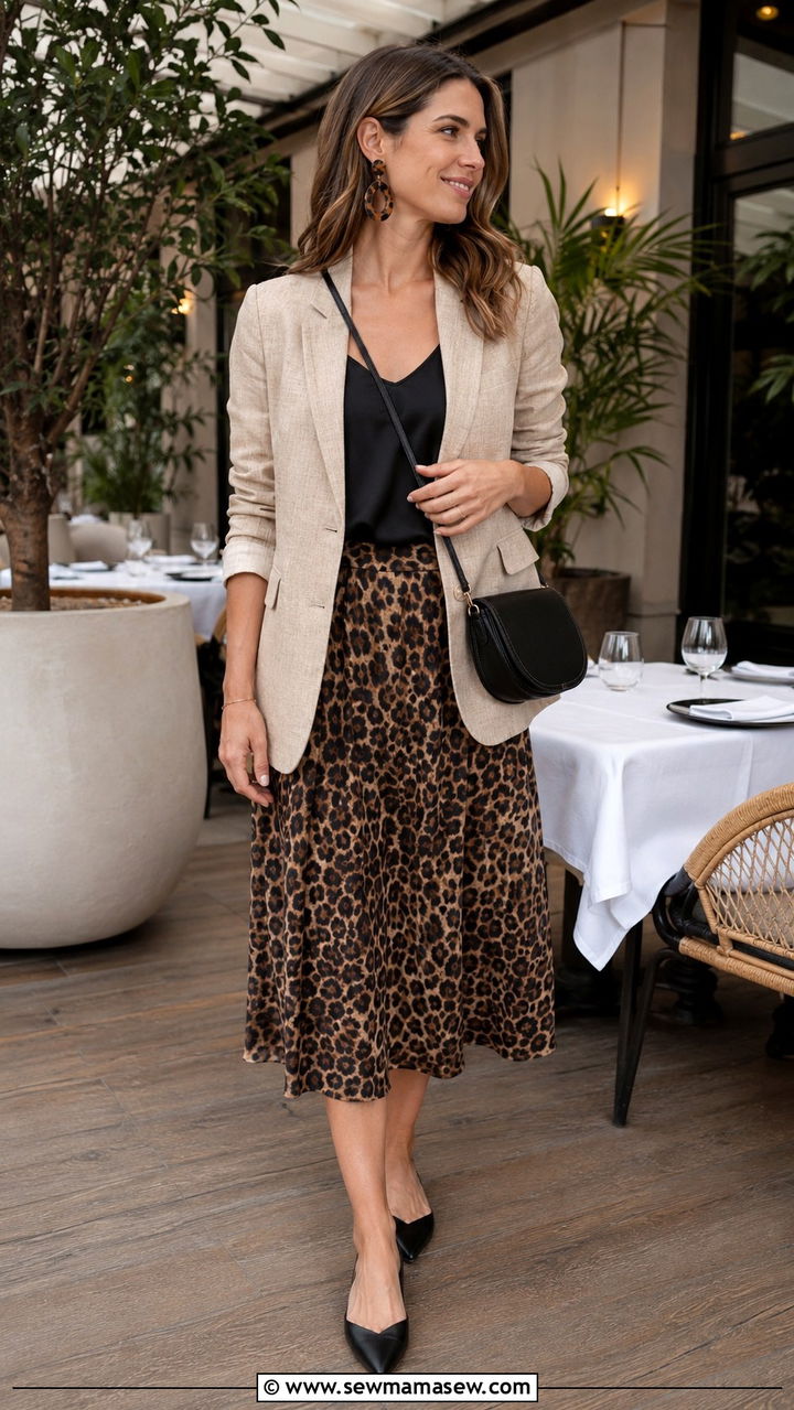 Neutral Linen Blazer With Animal Print Skirt Outfit - 30 Linen blazer outfit ideas with a skirt