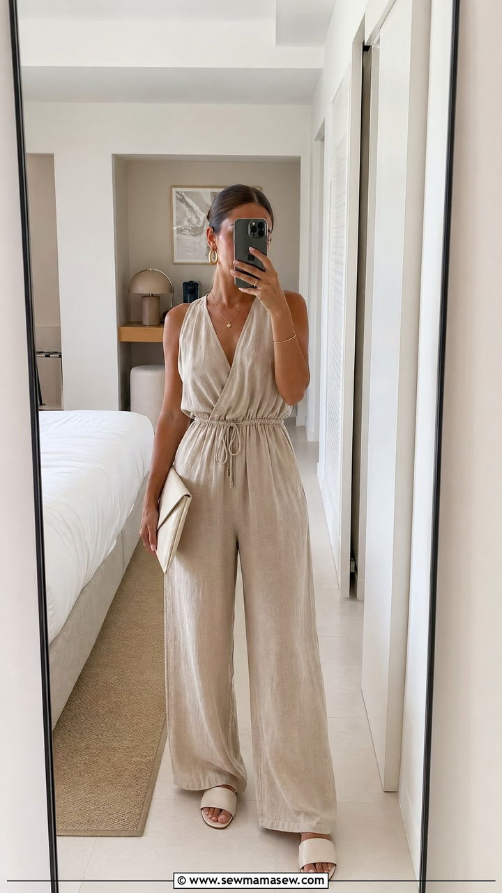 Neutral Linen Jumpsuit With White Slides - 35 European summer outfits to copy