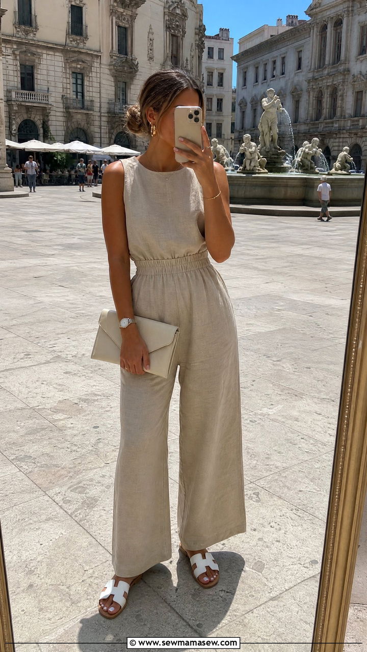 Neutral Linen Jumpsuit with White Leather Slides - 30 summer europe travel outfit ideas