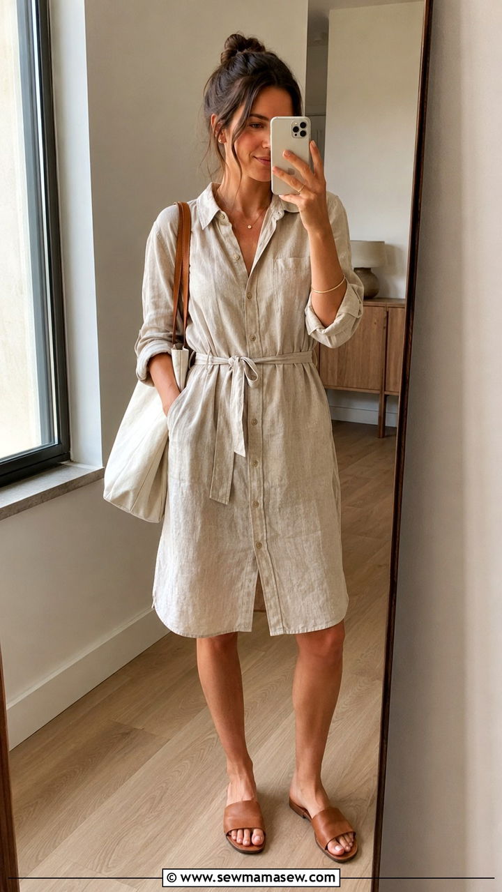 Neutral Linen Shirt Dress For Extreme Heat - 20 Summer outfits for 45 degree weather