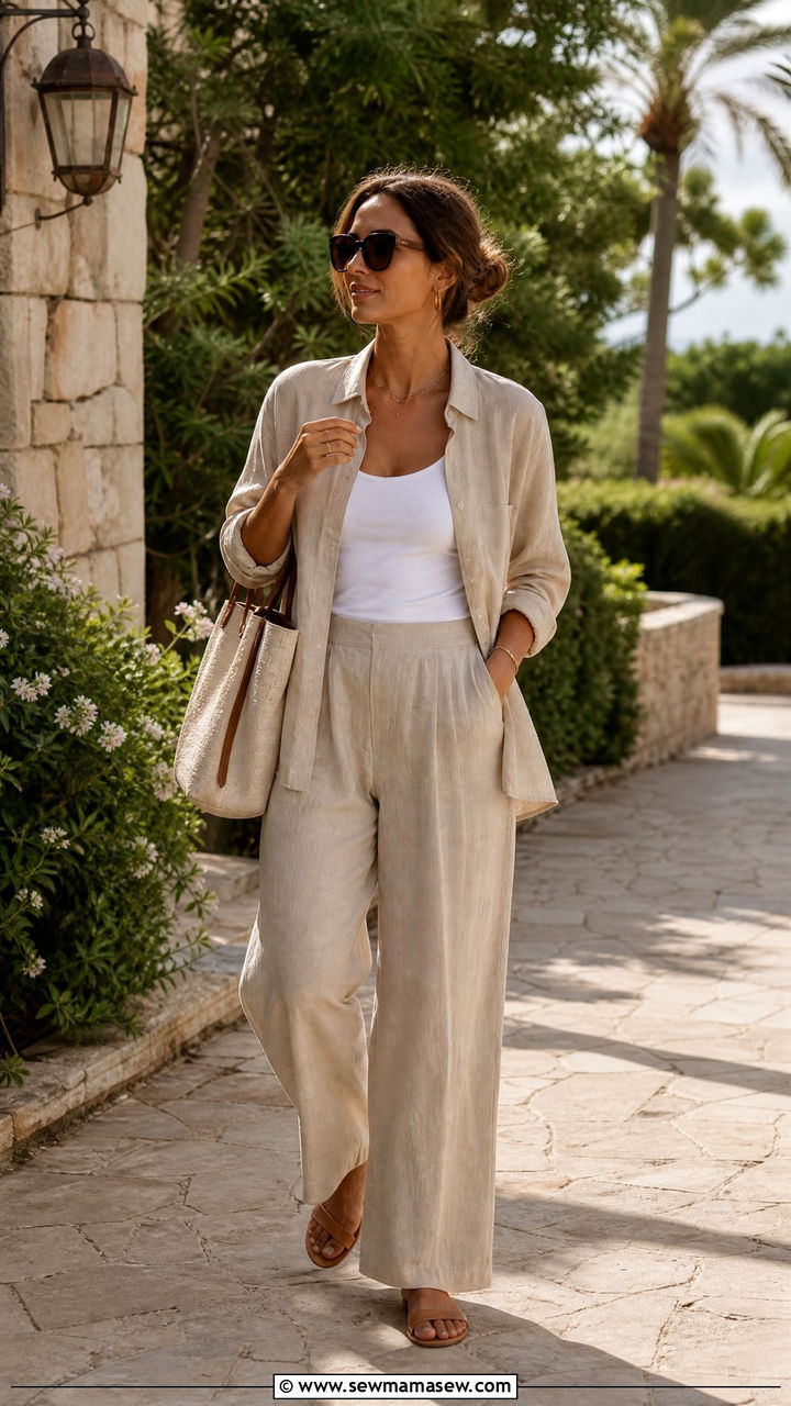 Neutral Linen Shirt With Linen Trousers - 25 Linen shirt cover up outfit ideas