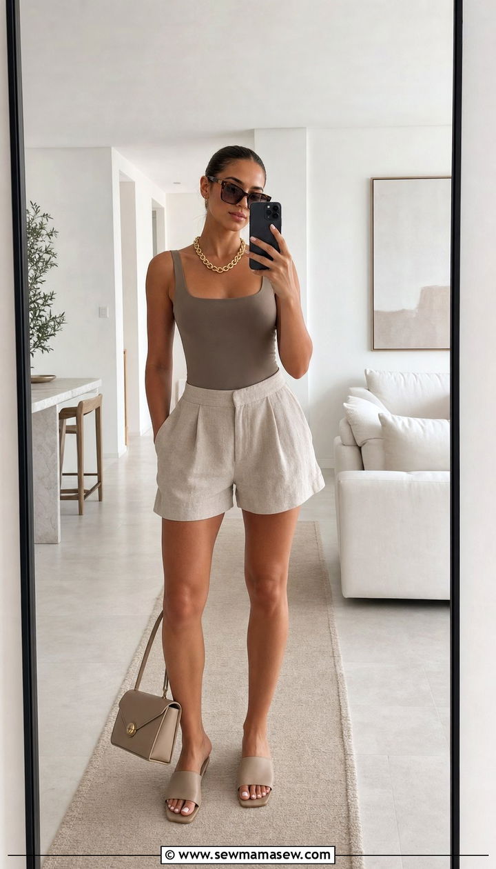 Neutral Linen Shorts with Bodysuit Outfit - 25 summer linen shorts outfit ideas