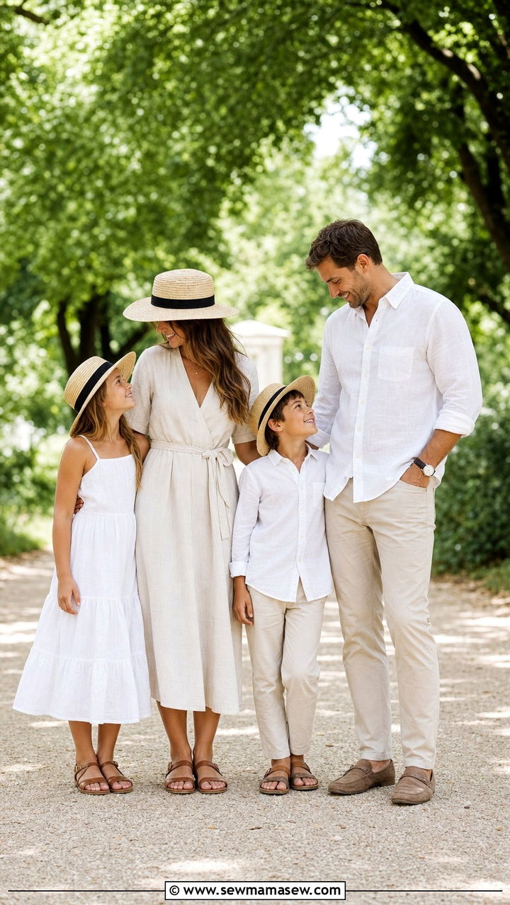 Neutral Linen and White Family Photo Outfits in a Sunlit Park - 25 Family photo outfit ideas summer 2026