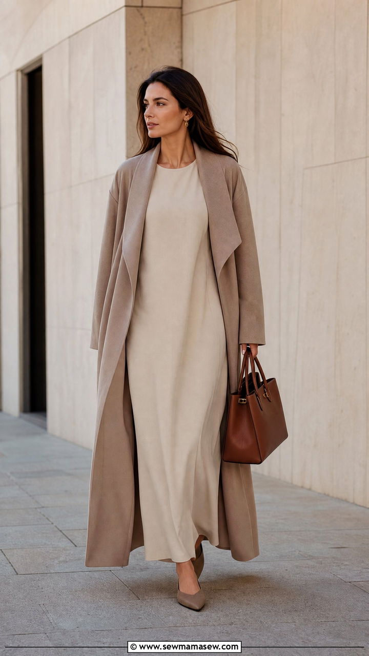 Neutral Maxi Dress With Long Duster Coat - 30 Maxi dress for work outfit ideas