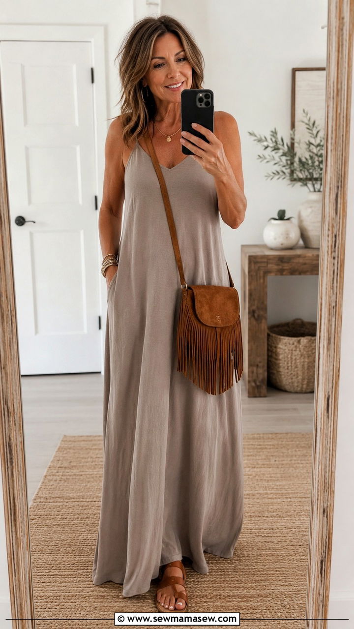 Neutral Maxi Dress and a Fringed Crossbody Bag - 30 boho chic outfit ideas for women over 40