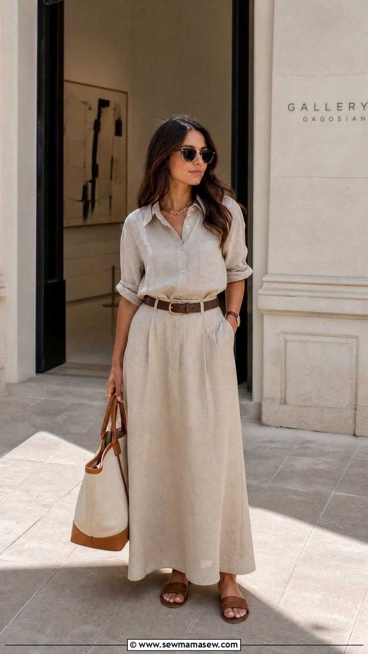 Neutral Maxi Skirt With Linen Shirt - 25 Petite outfit ideas with maxi skirt
