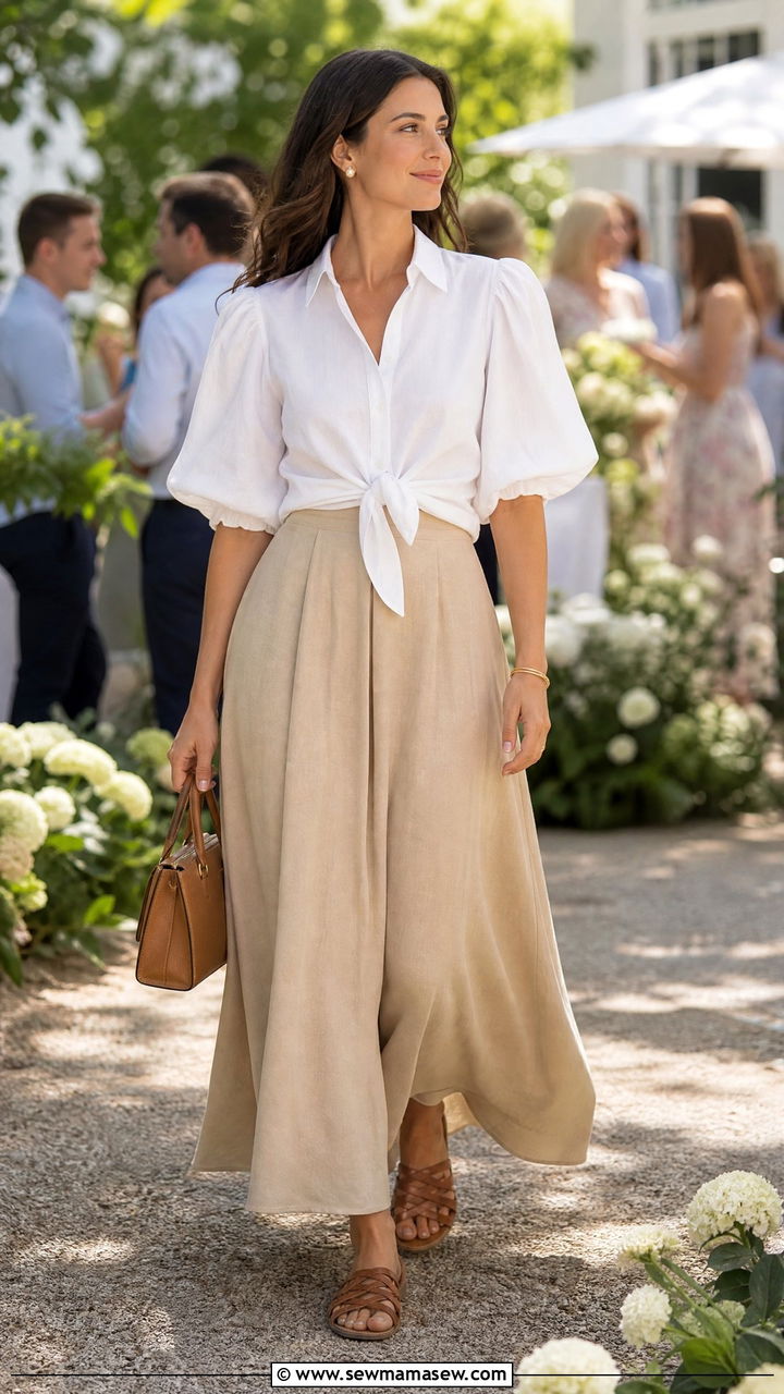 Neutral Maxi Skirt with Cotton Blouse - 30 Coastal grandmother summer outfits