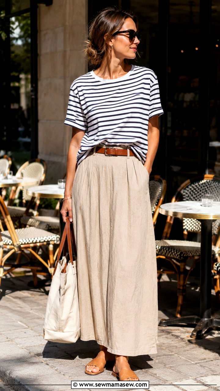 Neutral Maxi Skirt with Striped Tee - 30 Maxi skirt outfit ideas with a tee