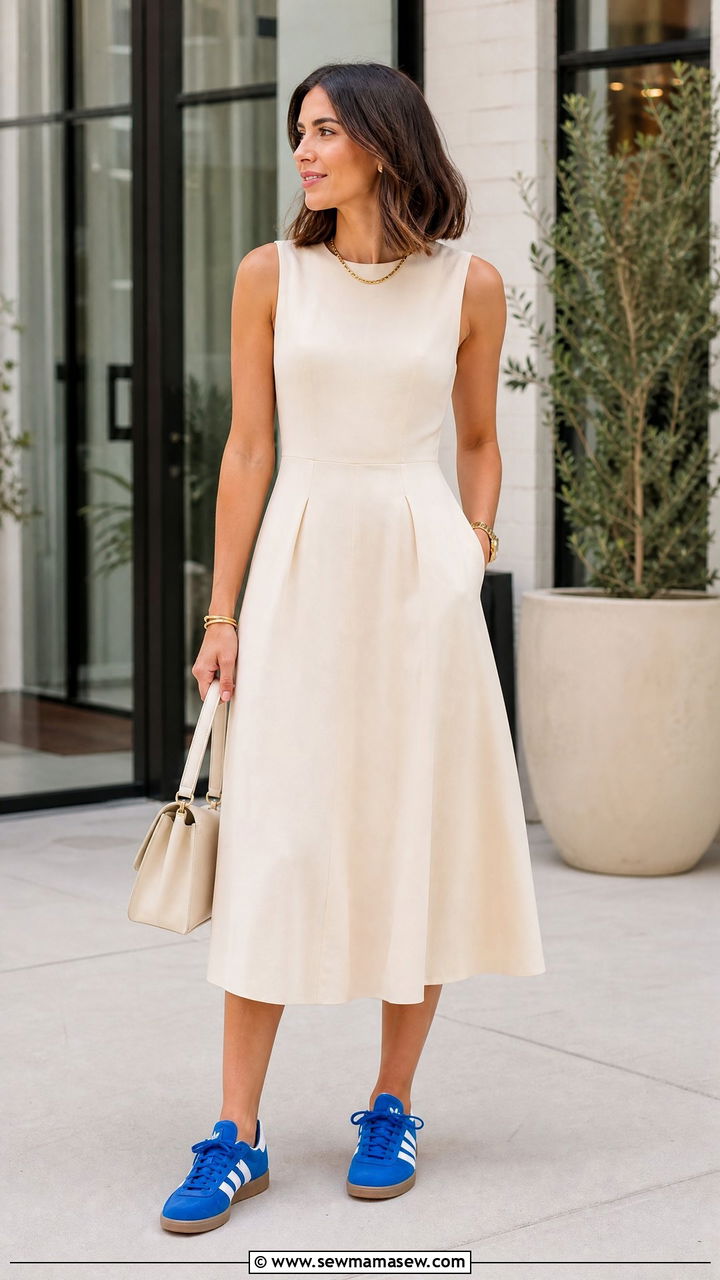 Neutral Midi Dress With Colorful Sneakers - 30 Midi dress outfit ideas with sneakers