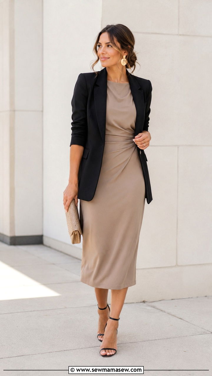 Neutral Midi Dress With Tailored Black Blazer - 30 spring midsize outfit ideas