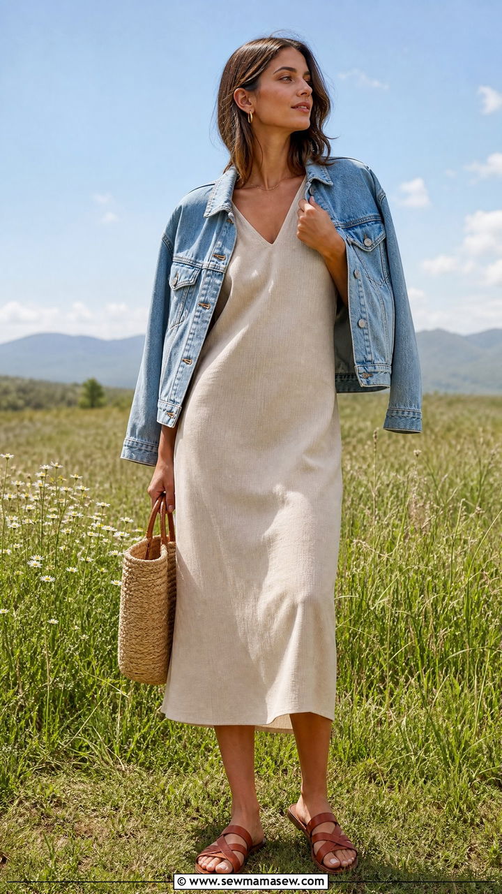 Neutral Midi Dress and Flat Leather Sandals Outfit - 30 minimalist capsule wardrobe outfits