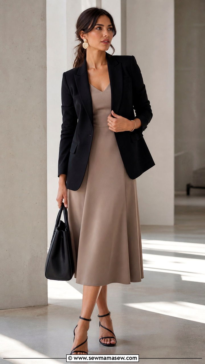 Neutral Midi Dress with Blazer - 40 Spring work outfits