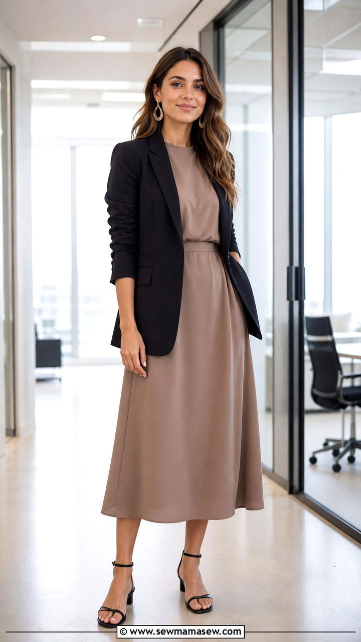 Neutral Midi Dress with Blazer - 40 cute work outfits
