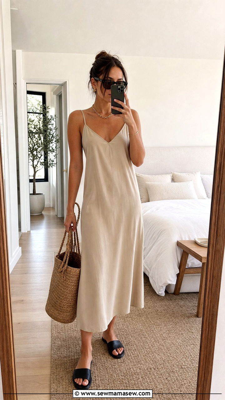 Neutral Midi Slip Dress With Flat Sandals Outfit - 25 Summer 10 piece capsule wardrobe