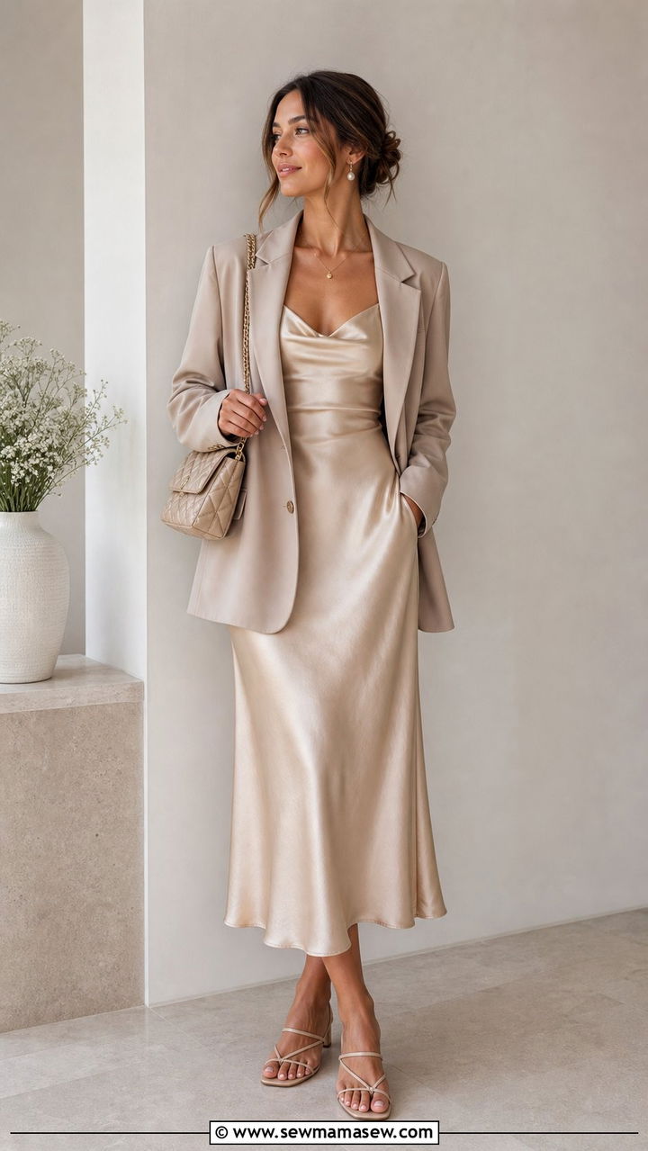 Neutral Midi Slip Dress With Oversized Blazer Office Outfit - 25 Clean girl work outfit ideas