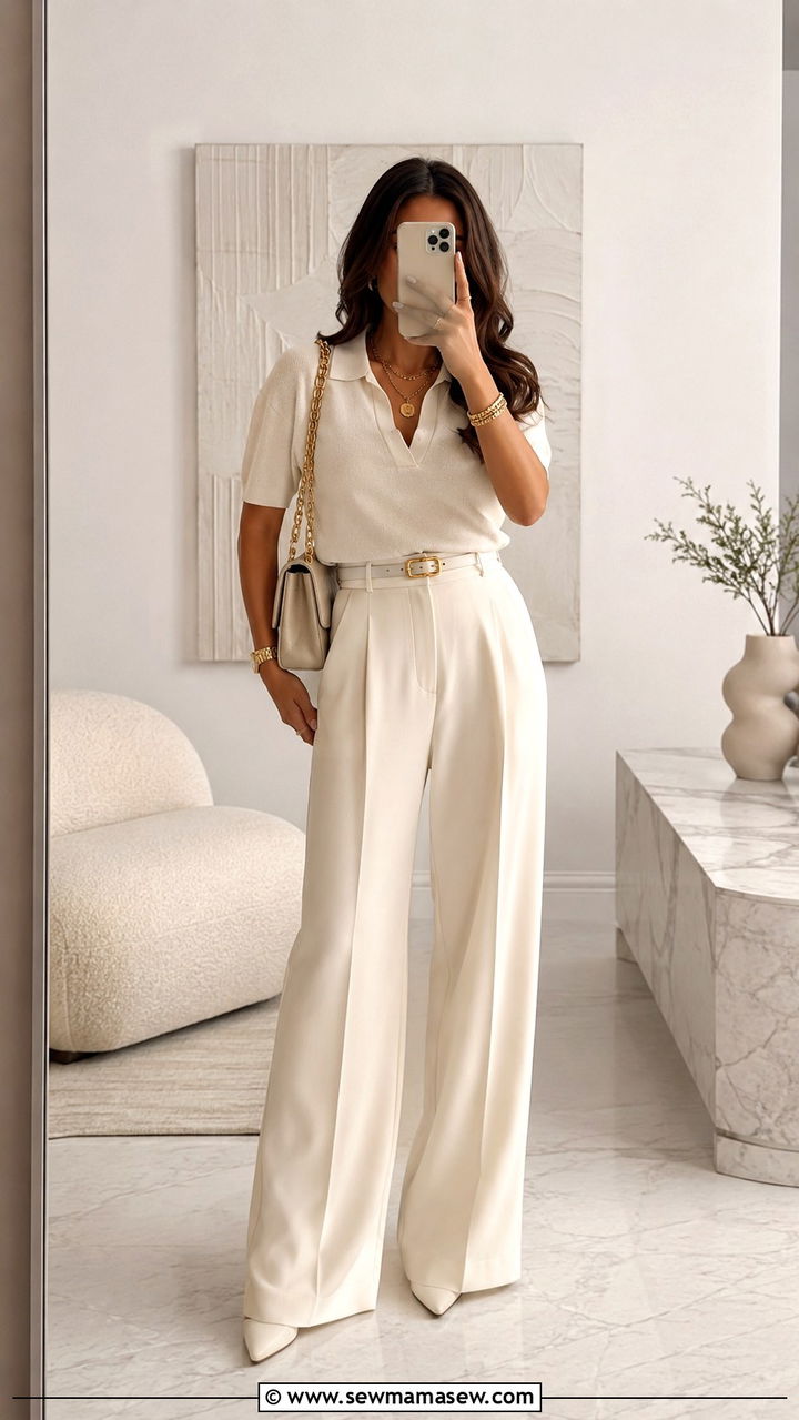 Neutral Monochrome Cream Polo With Wide Leg Trousers - 30 trendy outfits inspo