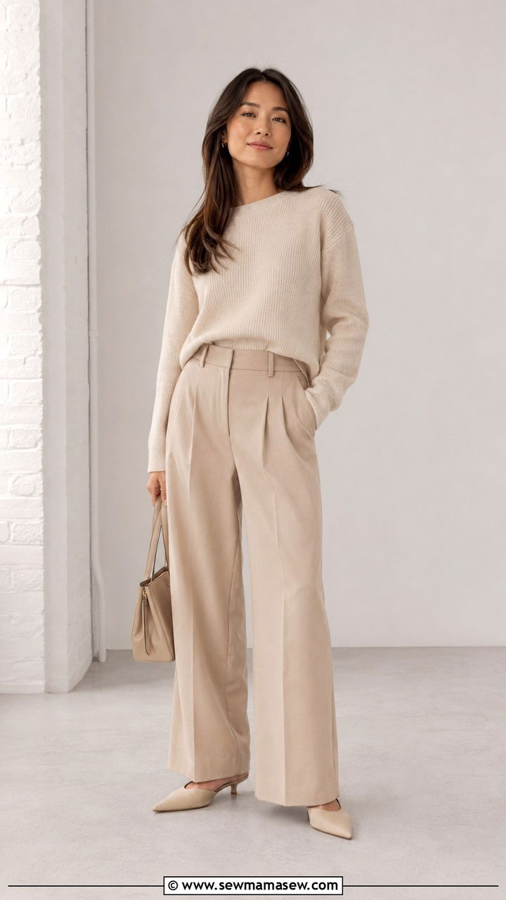 Neutral Monochrome Ensemble With Wide Leg Pants And Structured Handbag - 25 Petite outfit ideas from Banana Republic