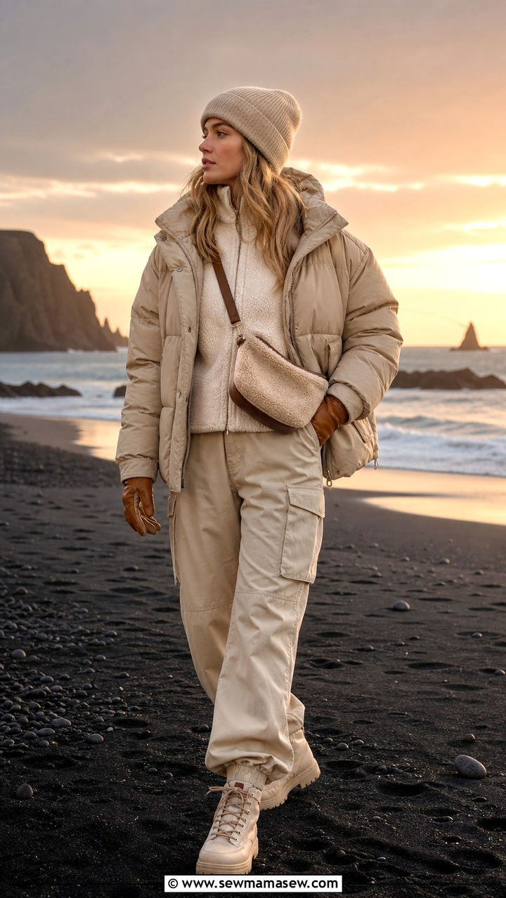 Neutral Monochrome Outfit with Beige Puffer and Cargo Pants - 40 What to wear in Iceland