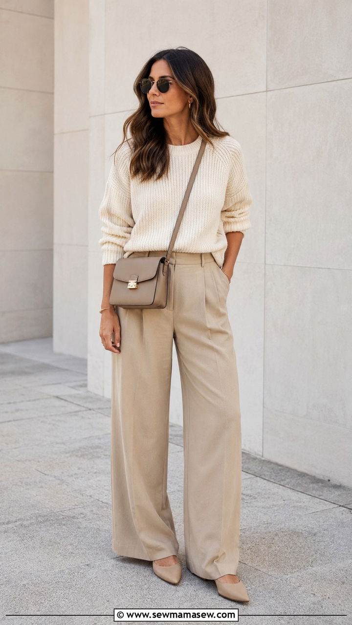 Neutral Monochrome With Cream Knit And Wide Leg Trousers - 25 Ageless outfit ideas 2026